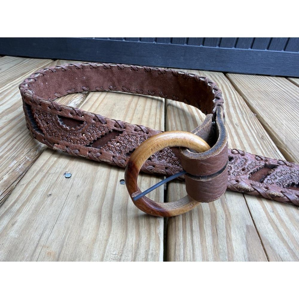 Vintage Mexico Made Hand Tooled Leather Belt with Buckle 37.5" Long